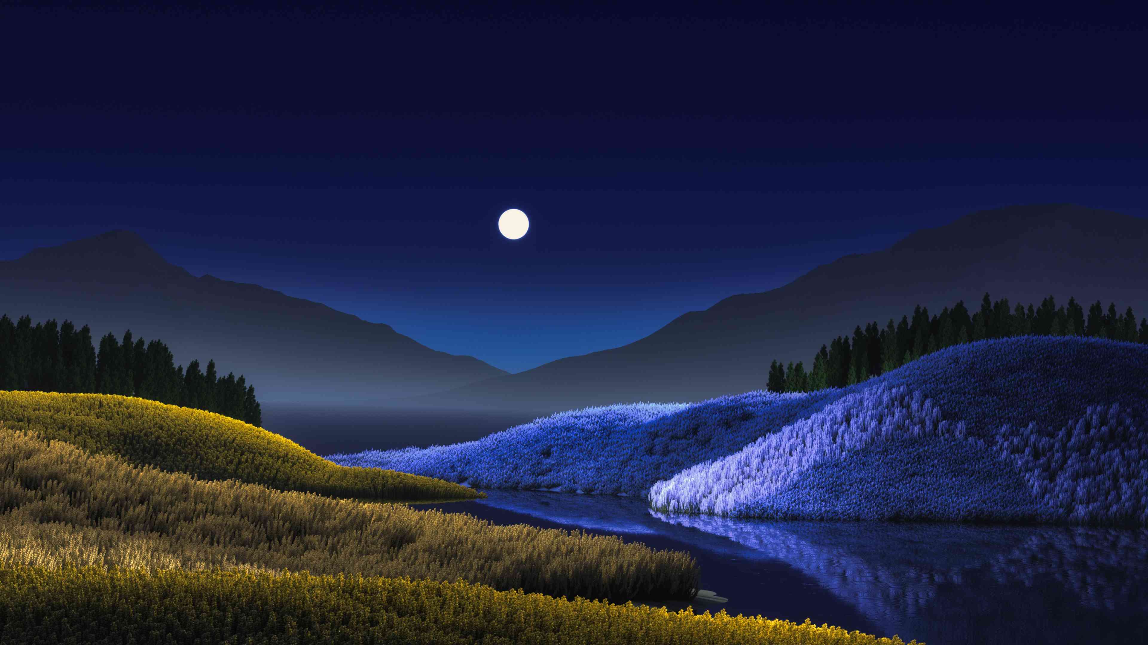 Night blueish sky, with blue and green grass. | MirrorLog